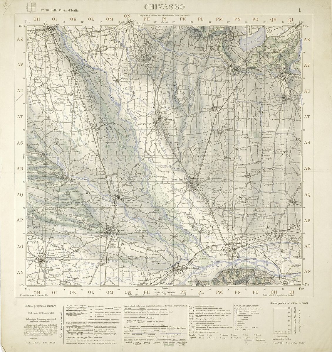 F. 56 of the Charter of Italy. Scale 1: 50,000. I. Chivasso "Military Geographic Institute" (Edition 1930 - Year VIII) mm. 393 x 370 Florence, Military Geographical Institute Publisher, 1930